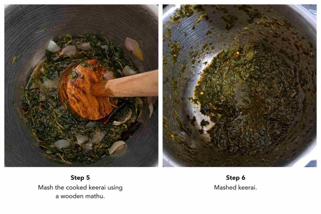 Cooked keerai being mashed using wooden mathu to achieve soft and slightly coarse masiyal consistency