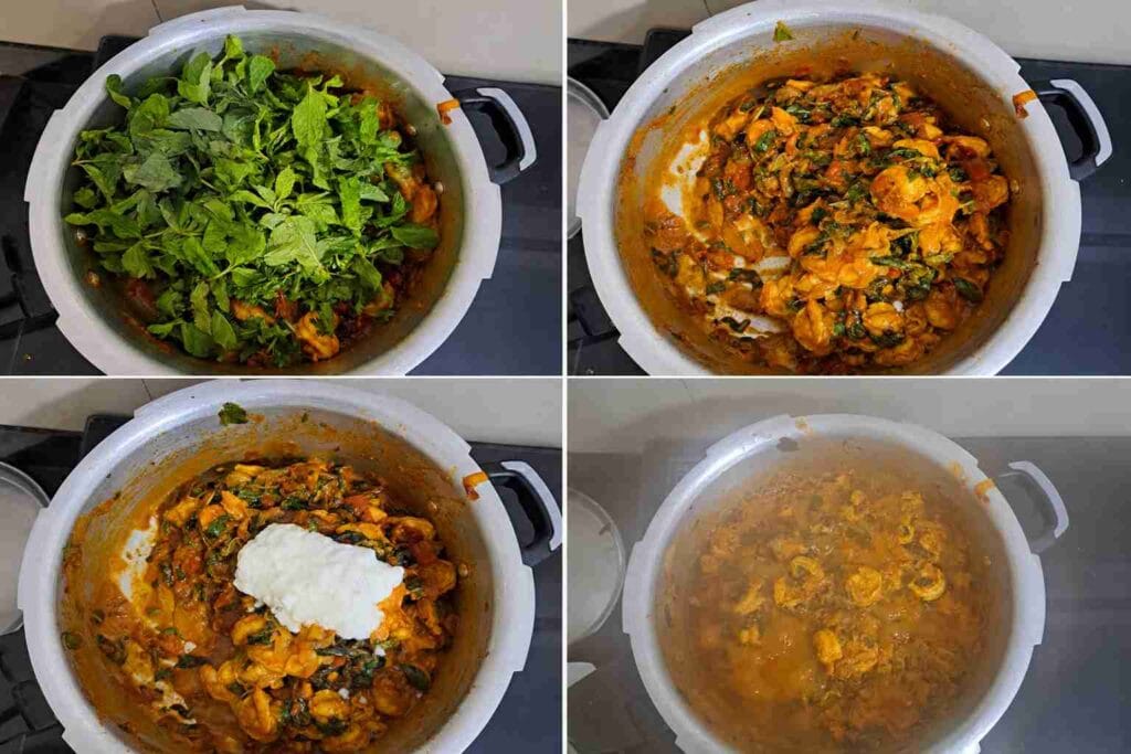 Mint leaves and curd added to spicy prawn masala for homemade pressure cooker millet biryani