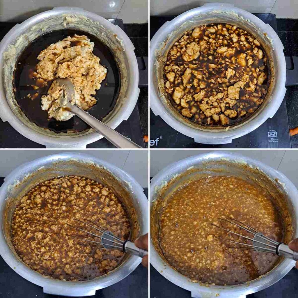 Adding palm jaggery syrup to cooked kali batter