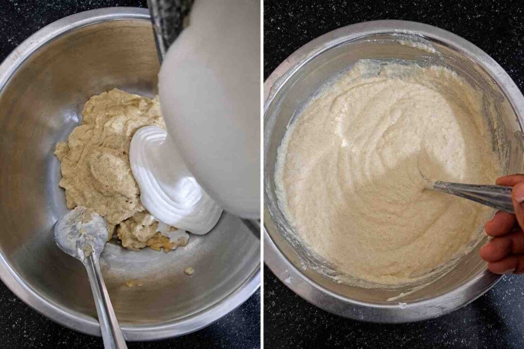 Combining ground rice and fenugreek batter until smooth