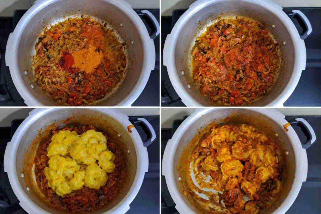 Spicy prawn masala cooking in pressure cooker for homemade kodo millet biryani recipe