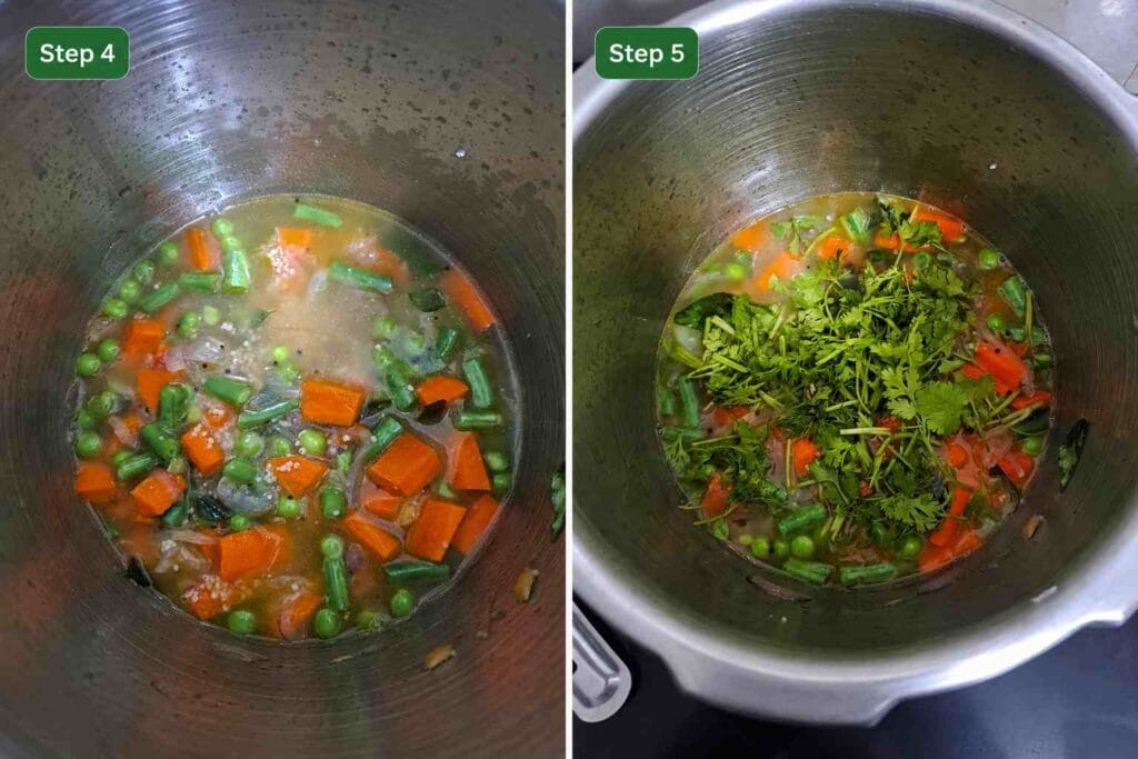 Water and coriander added to kodo millet upma in pressure cooker