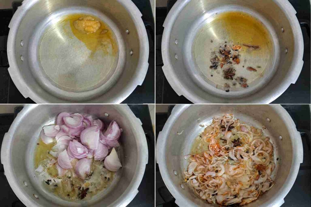 Whole spices and sliced onions sautéed in cooker for kodo millet prawn biryani recipe