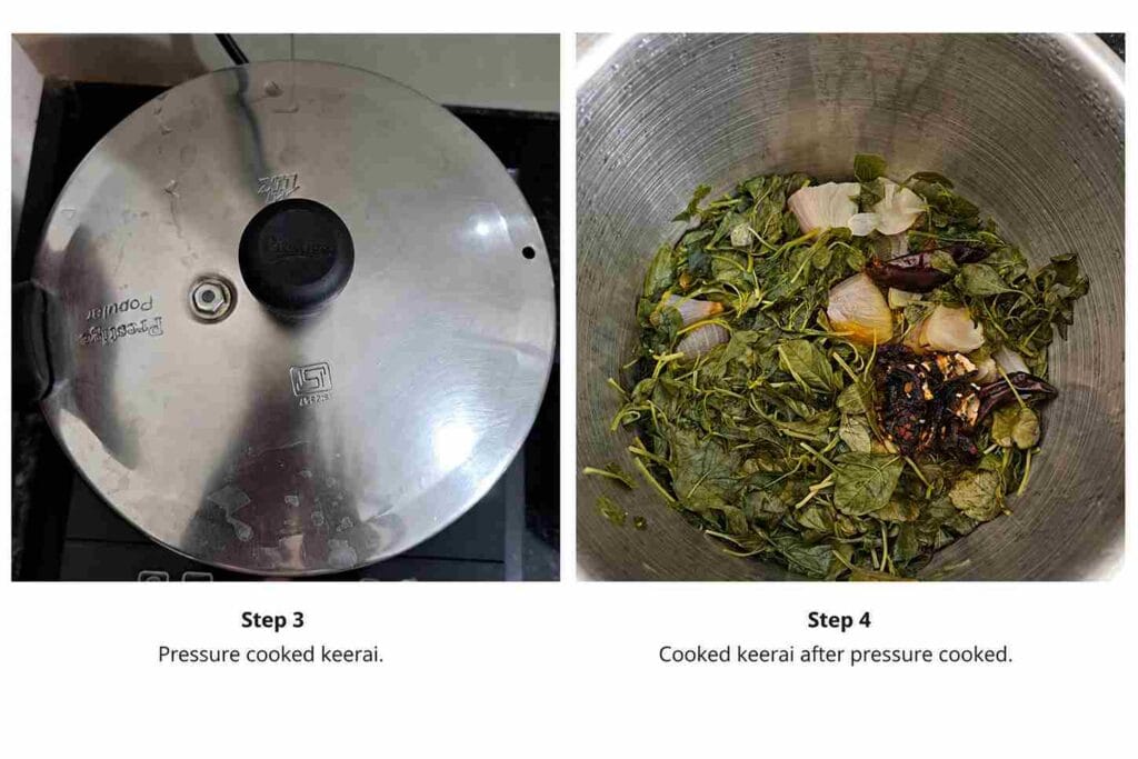 Pressure cooking siru keerai with onion, garlic, chilli and spices, showing cooked greens ready for mashing