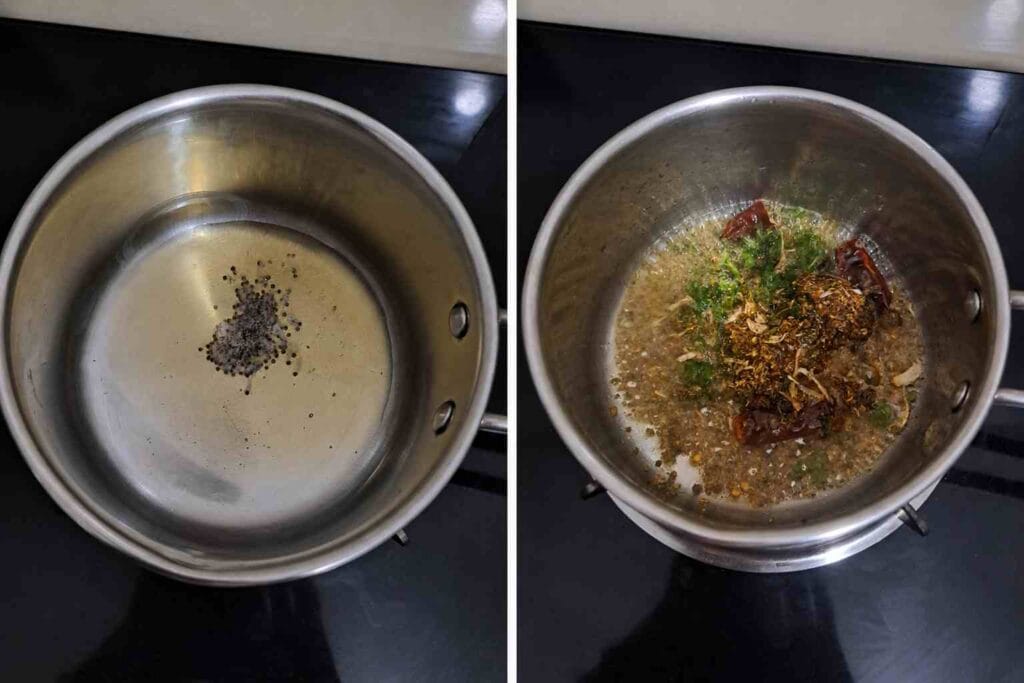 Pepper garlic mixture sautéed in gingelly oil for homemade milagu rasam