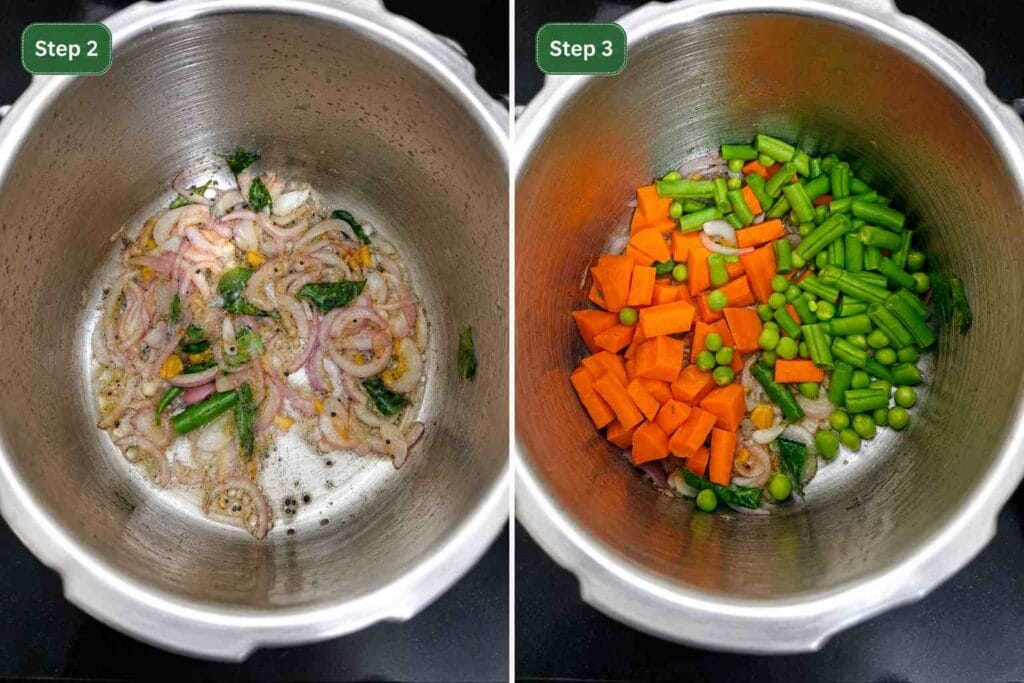Onion and vegetables sauteed in cooker for varagu upma recipe