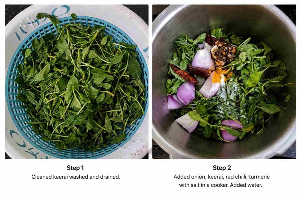 Cleaning siru keerai and adding onion, red chilli, turmeric, and salt in pressure cooker for keerai masiyal preparation
