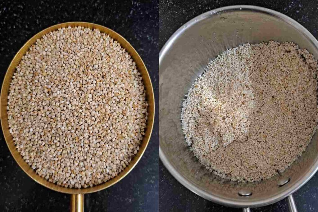 Varagu arisi soaked for 10 minutes before cooking millet prawn biryani in pressure cooker