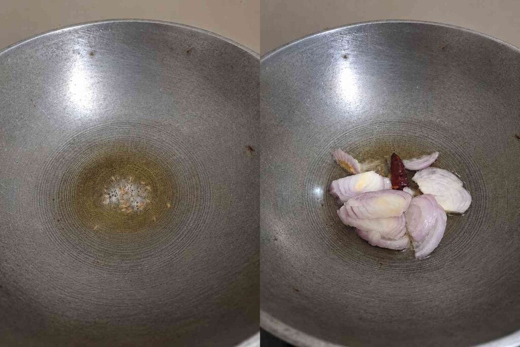 Onion and dried red chillies sauteed in oil for moringa soup recipe
