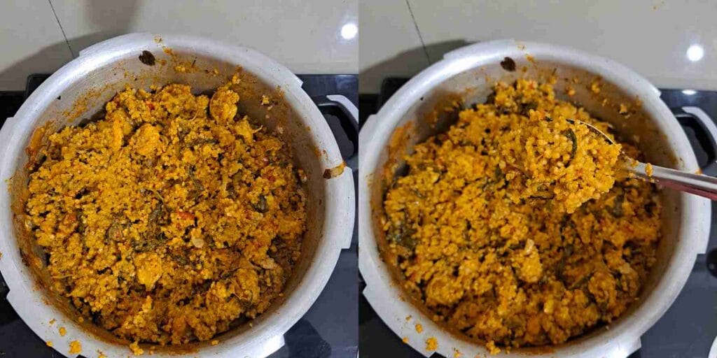 Fluffy varagu biryani with prawns cooked perfectly in pressure cooker without becoming mushy