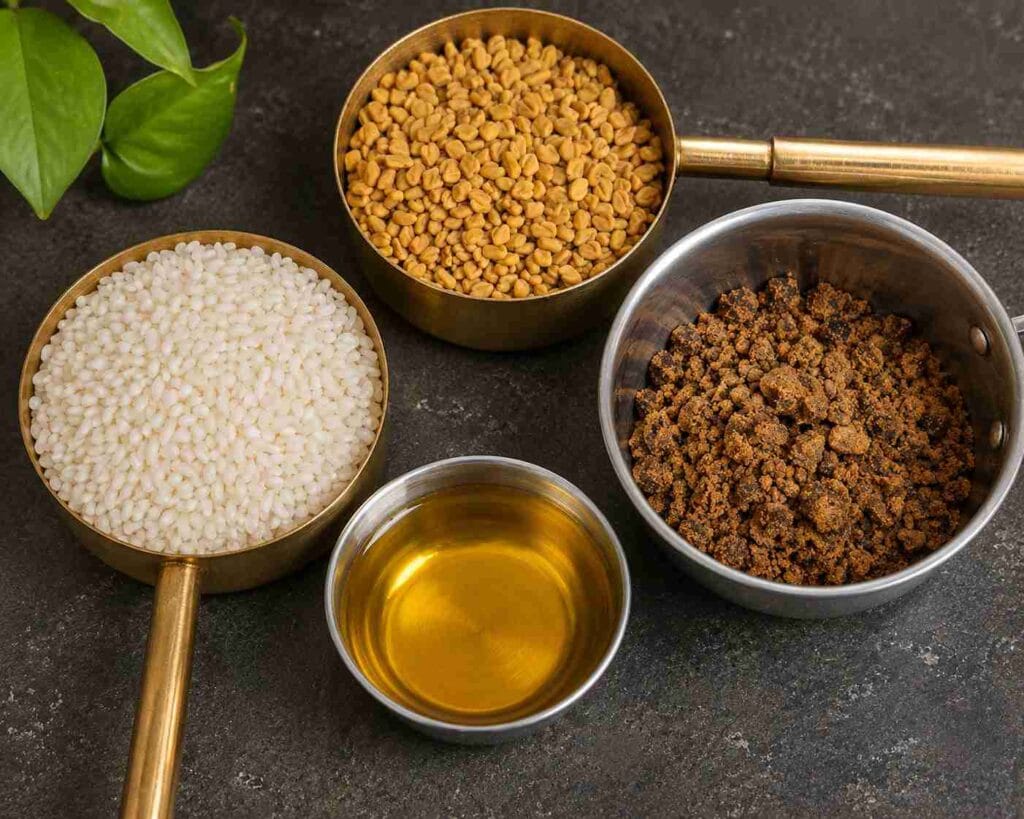 Ingredients used for vendhaya kali recipe including idli rice, fenugreek seeds, karuppatti, and sesame oil