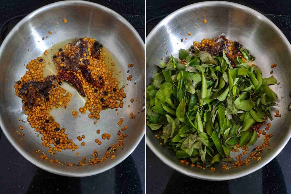 Fresh curry leaves being added to roasted spices and dal for making homemade karuveppilai podi recipe.
