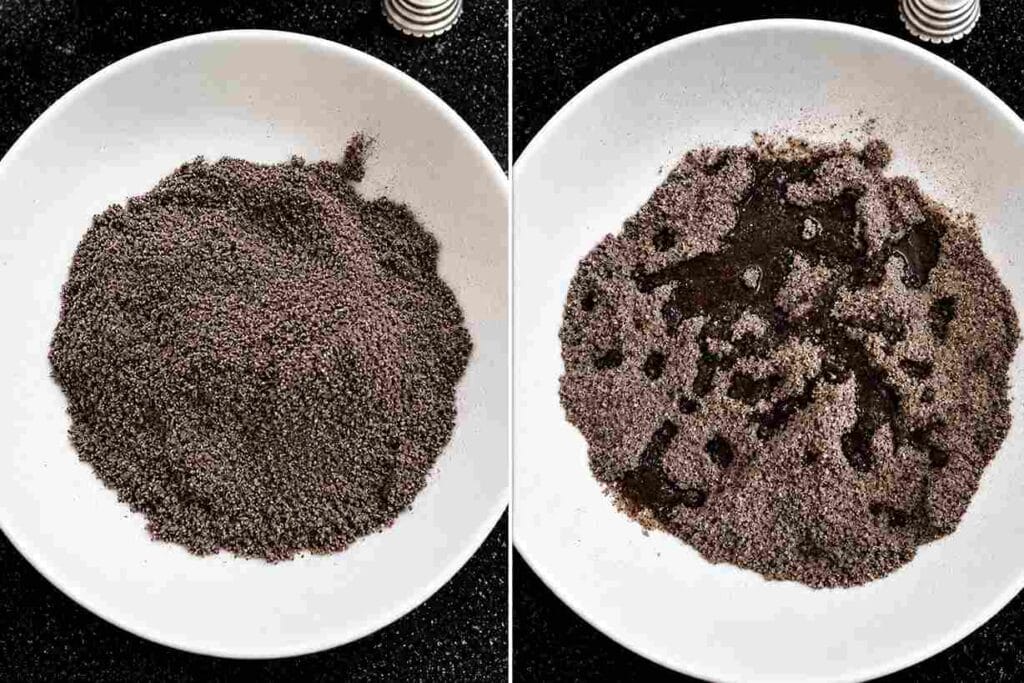 Black rice puttu flour mixed with water to achieve the perfect crumbly texture for soft steamed puttu recipe.