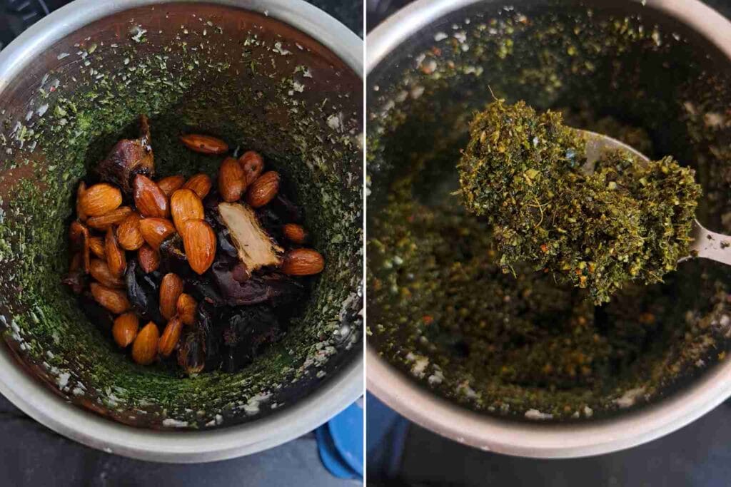 Dates almonds and curry leaves mixture blended for healthy homemade snack recipe