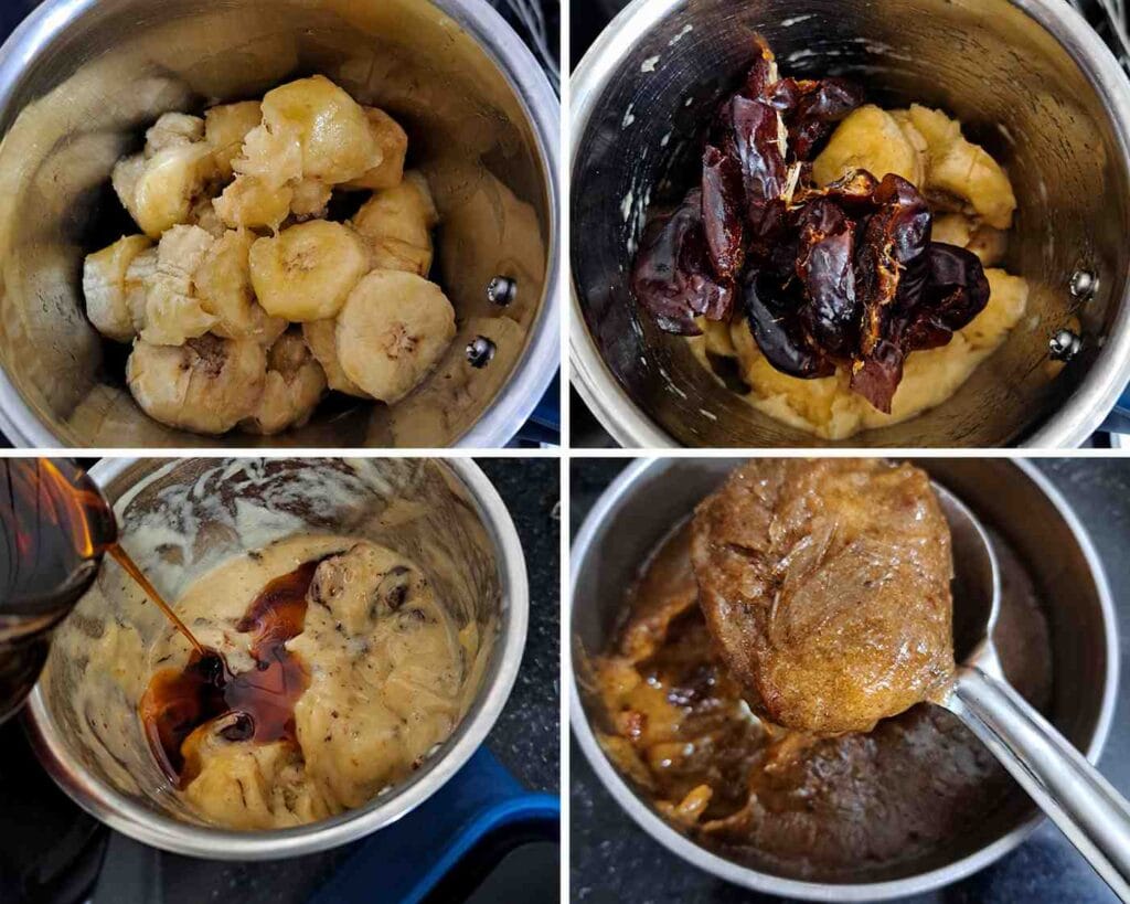 blending frozen red bananas dates and honey for healthy homemade ice cream