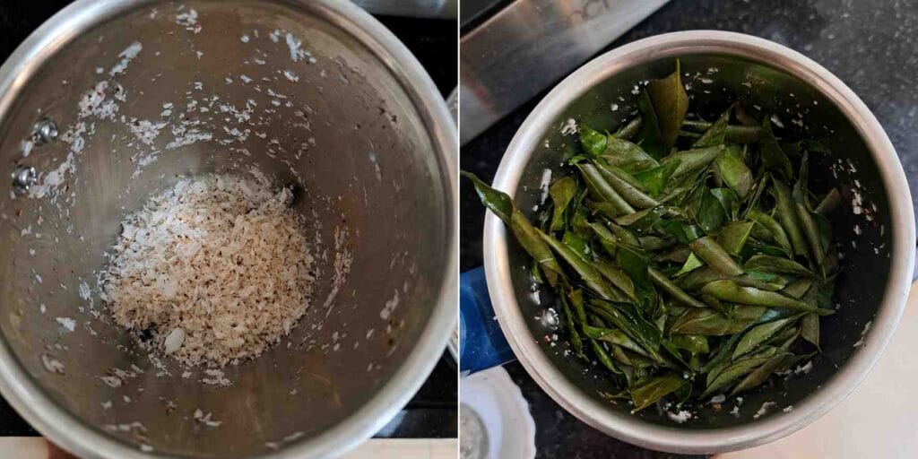 Roasted coconut and curry leaves added to blender for healthy energy balls recipe