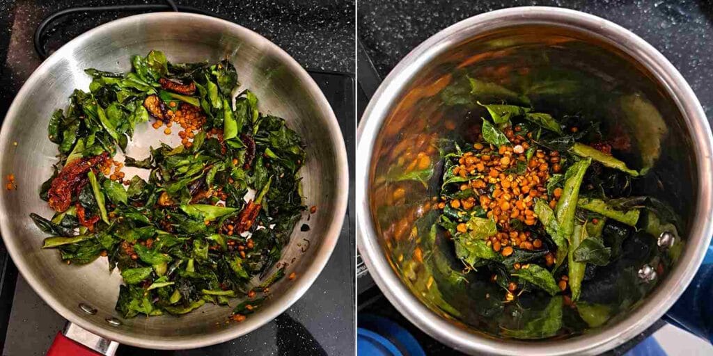 Roasted curry leaves and spices being cooled and transferred to mixer jar for homemade karuveppilai podi recipe.