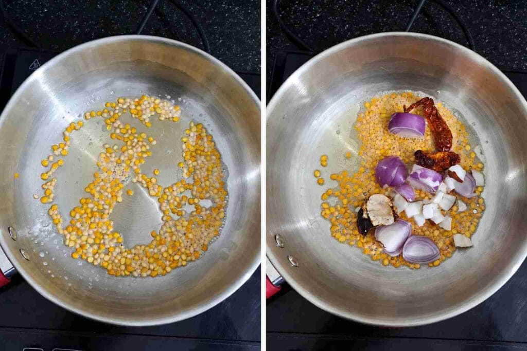 Roasting urad dal and chana dal in gingelly oil for homemade South Indian coriander chutney recipe