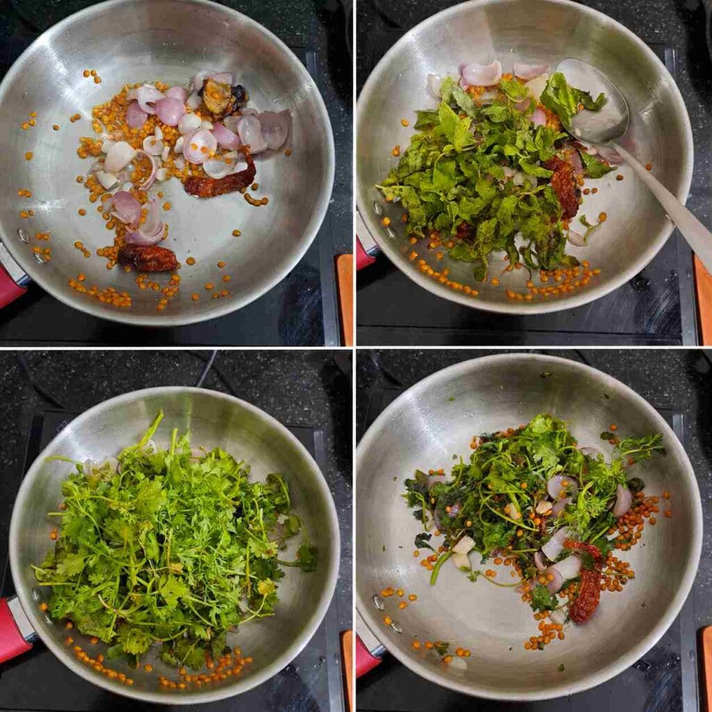 Step-by-step process of sauteing onion, mint, coconut, and coriander leaves for South Indian coriander chutney recipe