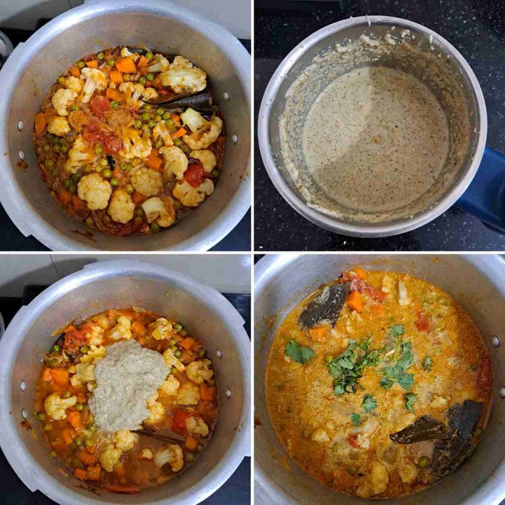 Creamy vegetable kurma gravy prepared with coconut masala paste, carrot, cauliflower, peas, and whole spices in a cooker