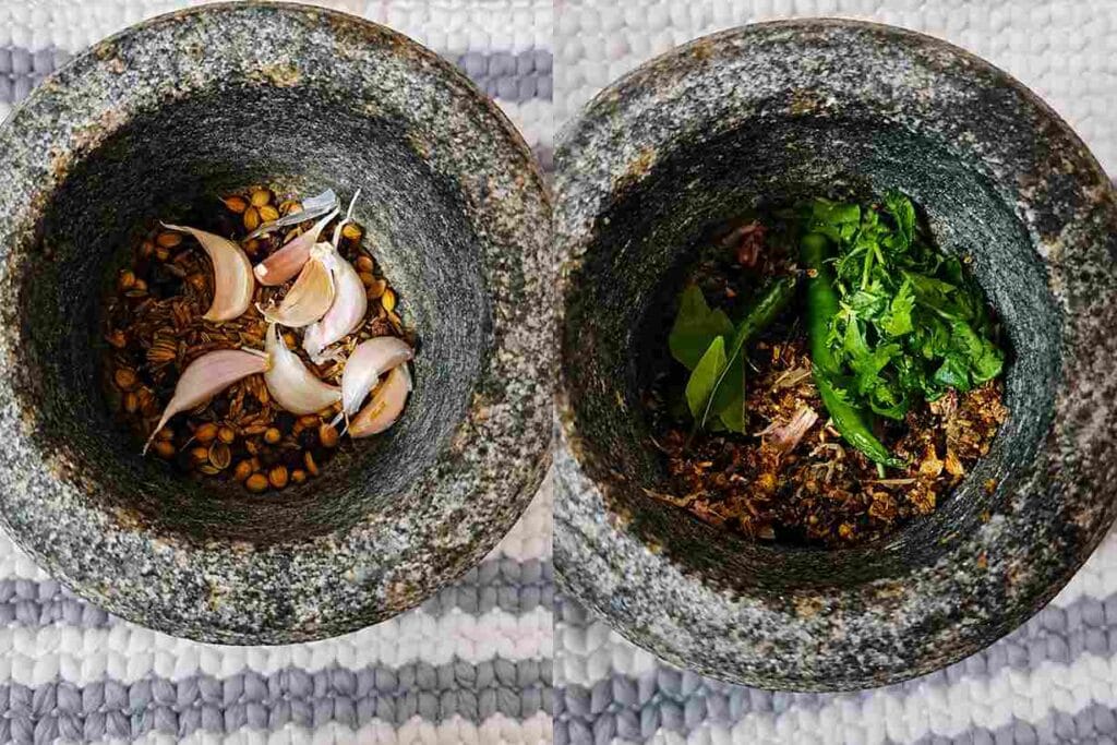 Stone crushed pepper, cumin, garlic, and coriander for homemade milagu rasam