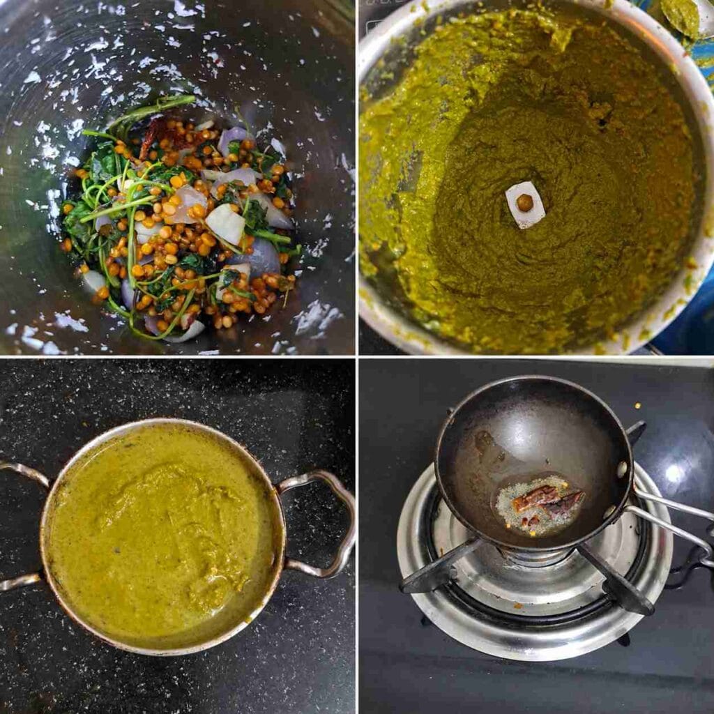 Grinding sauteed coriander chutney ingredients and preparing tempering for coriander chutney