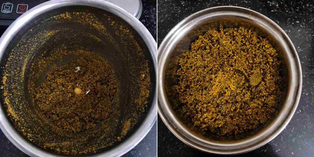 Freshly ground homemade karuveppilai podi prepared for making flavorful South Indian curry leaves rice recipe.