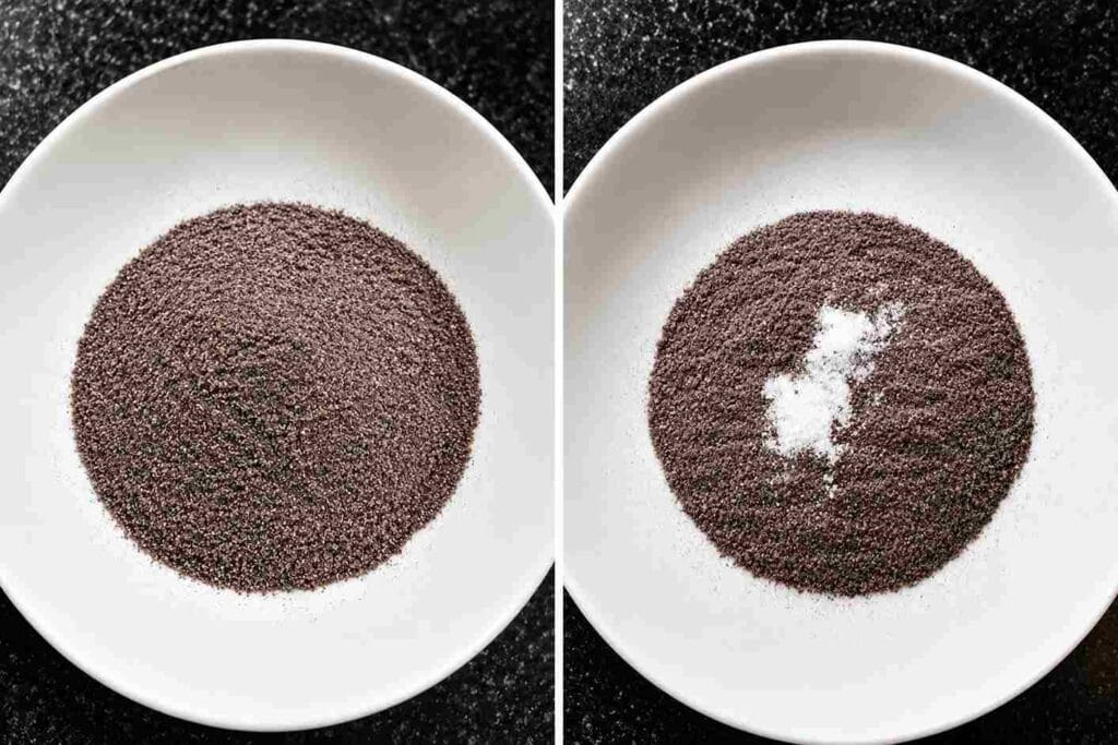 Karuppu Kavuni puttu flour prepared with salt in a bowl before adding water for steamed black rice puttu.