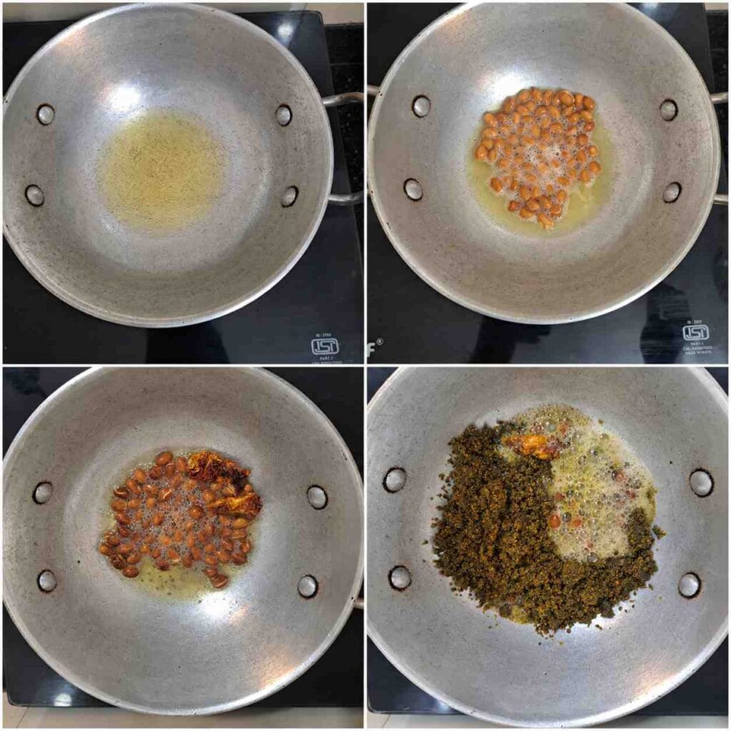 Step-by-step preparation of Karuveppilai Podi Sadam with roasted peanuts, curry leaves podi, and tempering in kadai.
