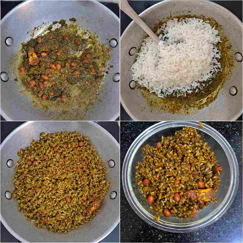 Karuveppilai podi sadam made with curry leaves rice, roasted peanuts, and leftover rice mixed in kadai step by step.
