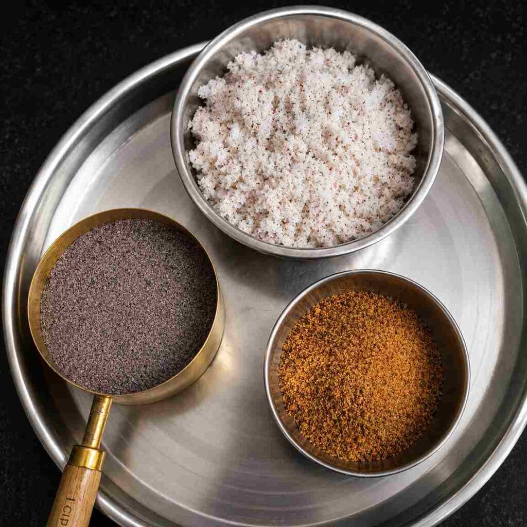 Ingredients for Kavuni Puttu including black rice flour, grated coconut, and country jaggery on a steel plate.