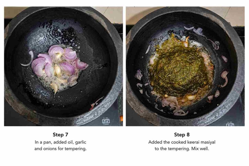 Sauteing garlic and onion in clay pot and mixing mashed keerai to enhance flavor and aroma in masiyal