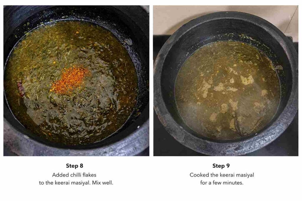 Adding chilli flakes and simmering mashed keerai to blend flavors and reach final soft consistency before serving
