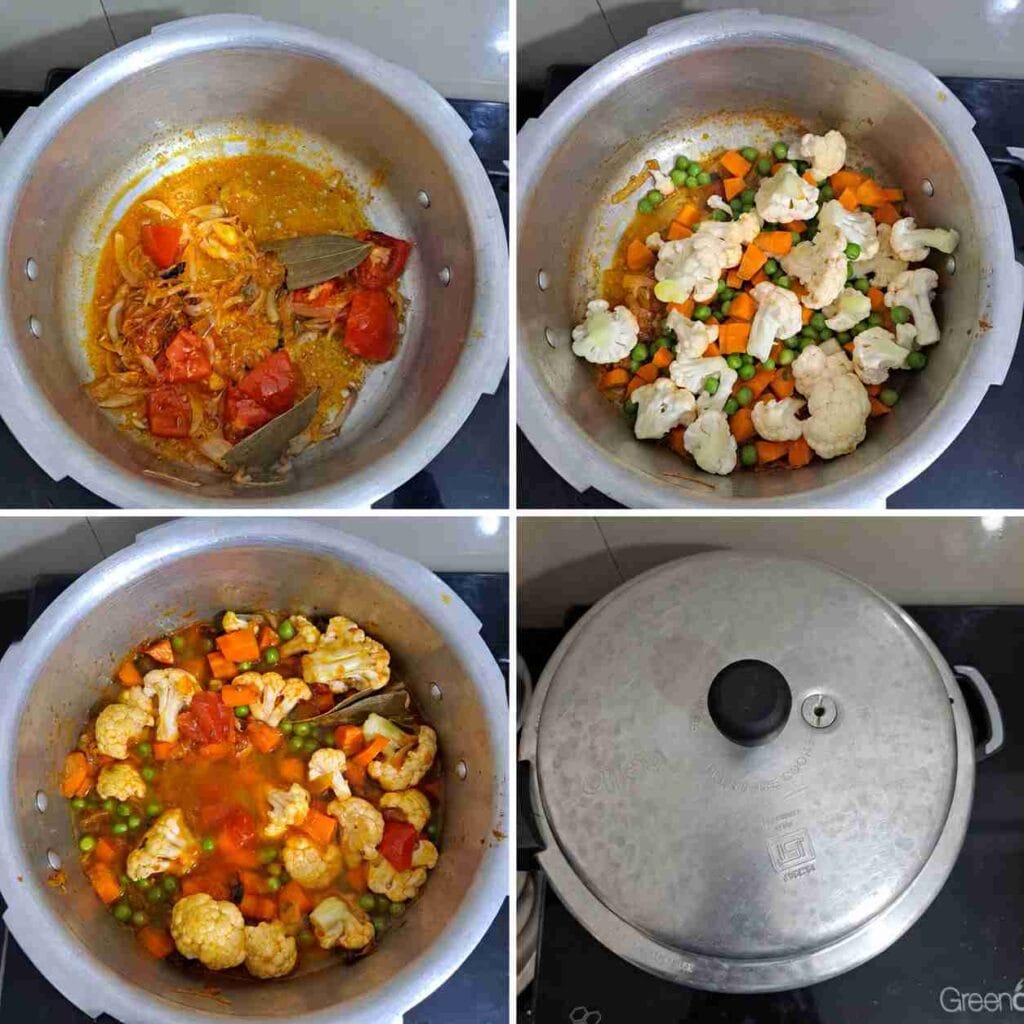 Step-by-step preparation of one pot veg kurma with onion tomato masala, mixed vegetables, and pressure cooker cooking method