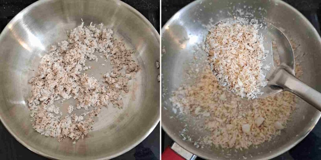 Fresh grated coconut being dry roasted in a pan for healthy curry leaves laddu recipe