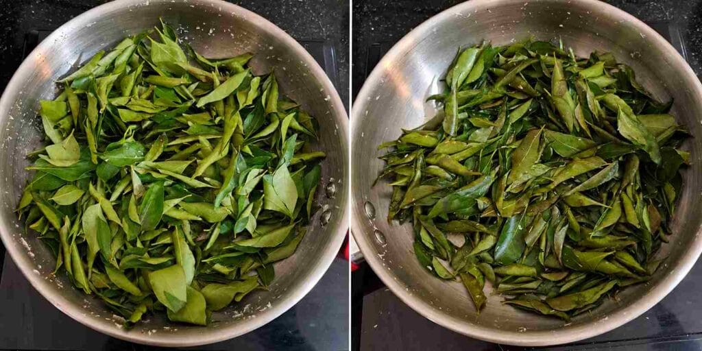 Fresh curry leaves being roasted in a pan until crisp for iron rich healthy laddu recipe