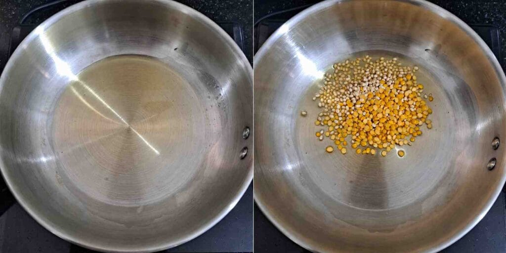 Urad dal and channa dal being roasted in a pan for making homemade karuveppilai podi for curry leaves rice recipe.