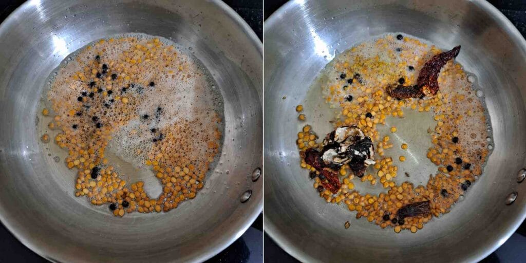 Pepper, red chilli, tamarind, and spices being roasted with dal for homemade karuveppilai podi recipe.