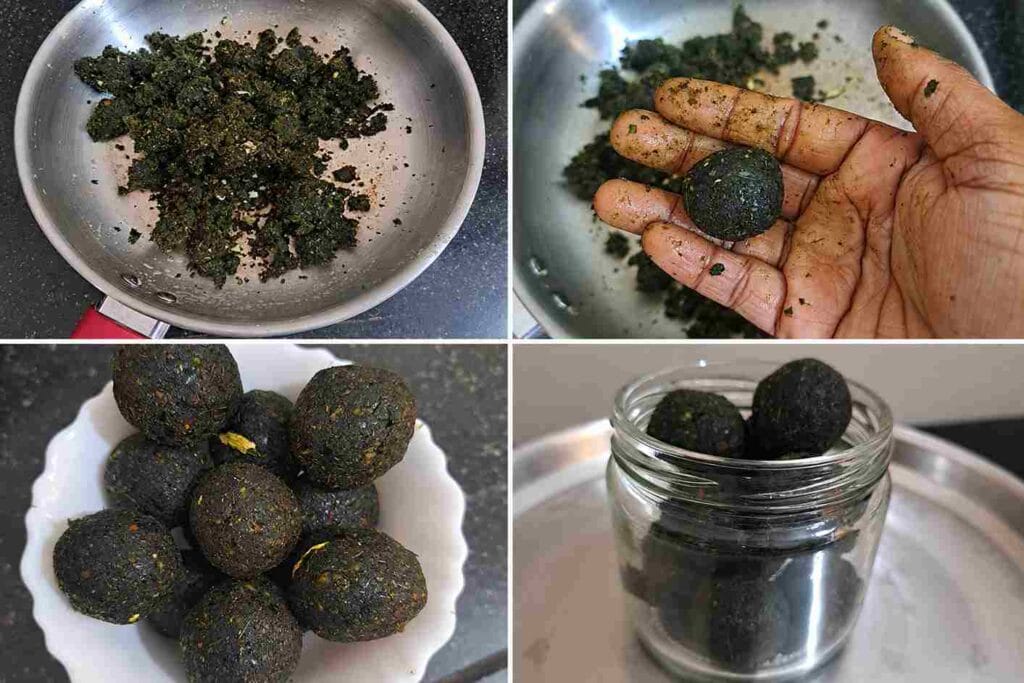 Healthy curry leaves laddus shaped by hand and served in a bowl and glass jar