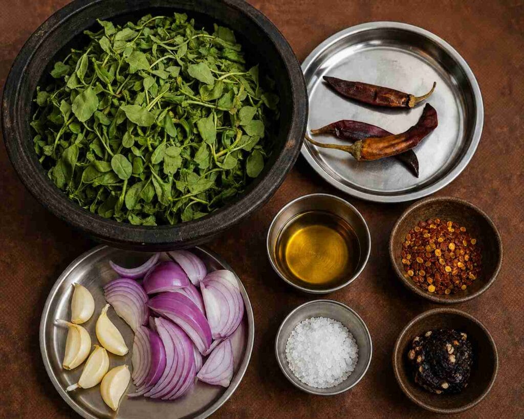 Fresh siru keerai, onion, garlic, red chilli, tamarind, oil and spices arranged for making keerai masiyal