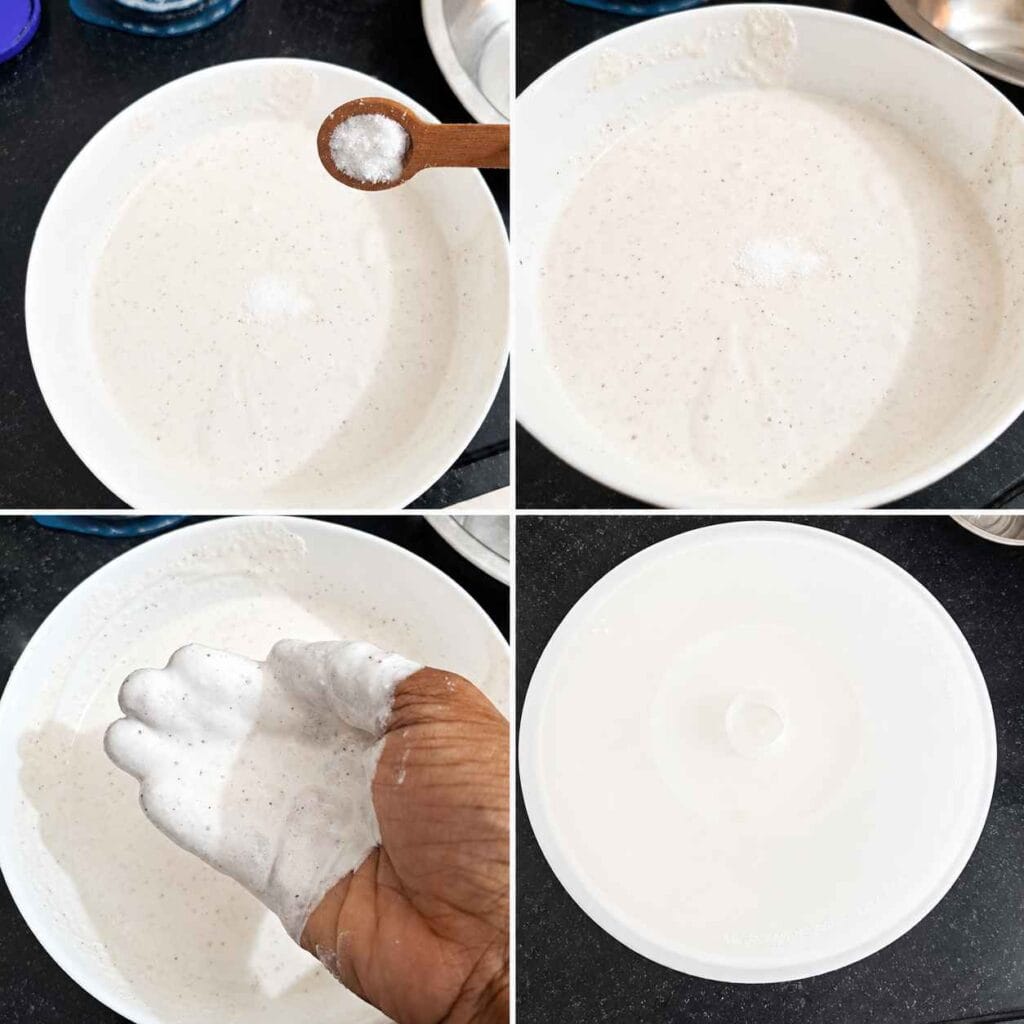Soft coconut dosa batter mixed with salt before overnight fermentation process.