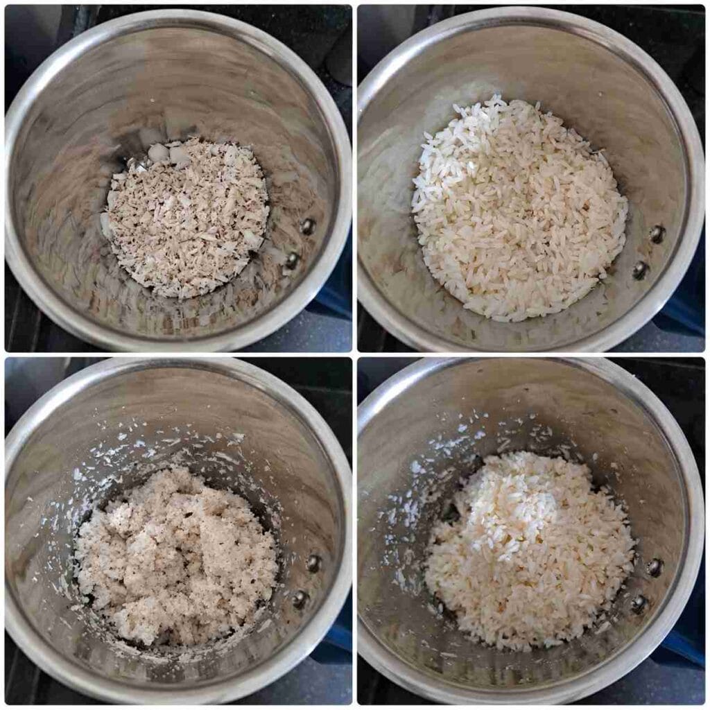 Step by step preparation of soft coconut dosa batter using rice and fresh coconut.