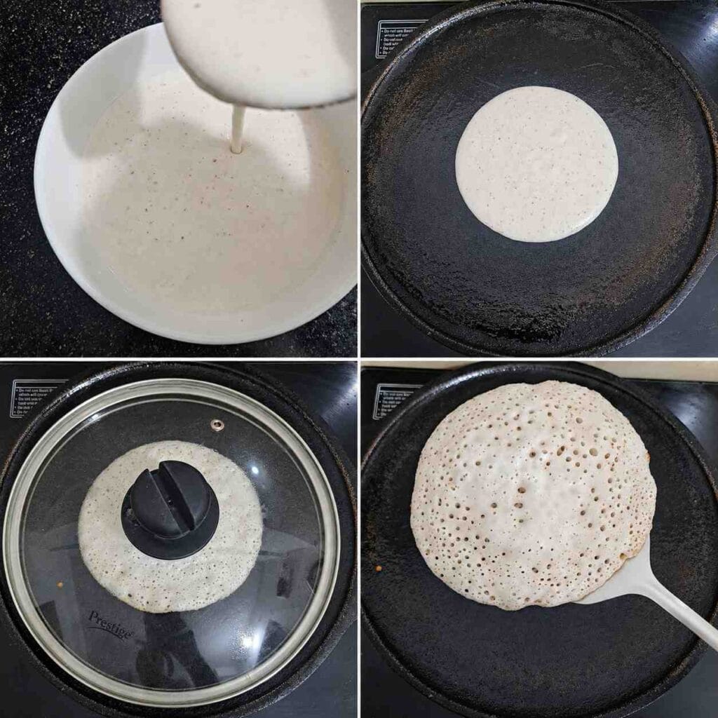 Step by step cooking process of soft coconut dosa on tawa for soft and spongy dosa texture.