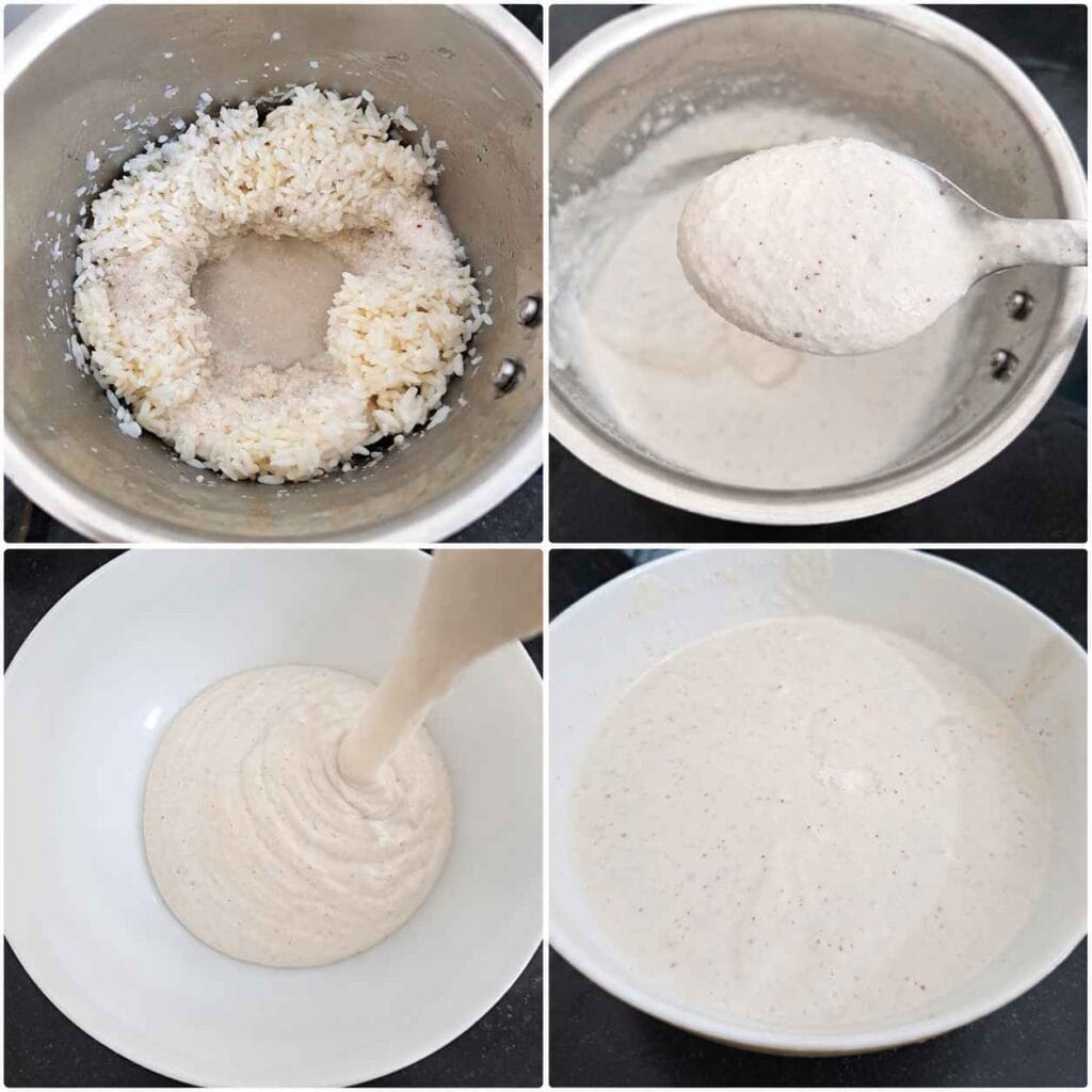 Smooth batter consistency for soft coconut dosa recipe after grinding and fermentation.