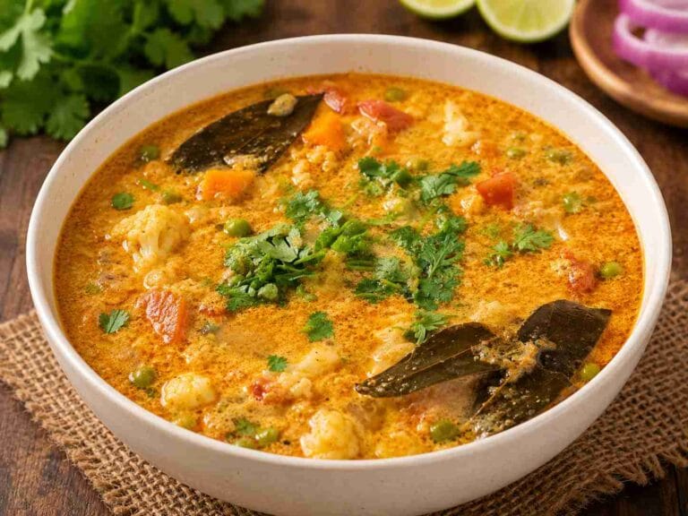 South Indian veg kurma served in a bowl made with carrot, cauliflower, green peas, coconut masala, and whole spices