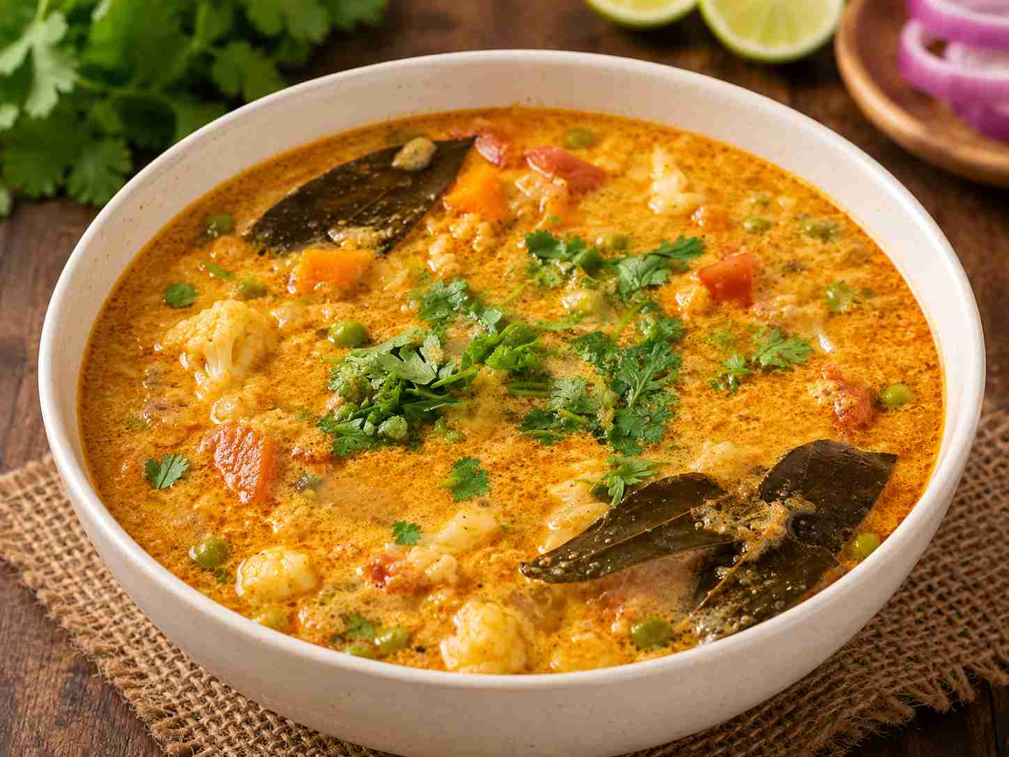 South Indian veg kurma served in a bowl made with carrot, cauliflower, green peas, coconut masala, and whole spices