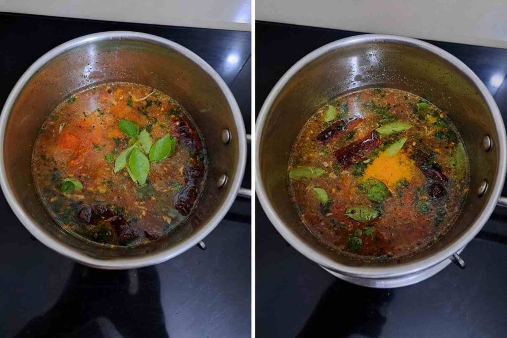Tomato, turmeric, and curry leaves added to homemade milagu rasam