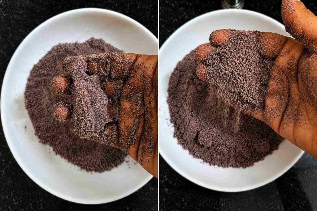 Traditional black rice puttu flour showing the correct crumbly texture needed for soft and fluffy steamed puttu.