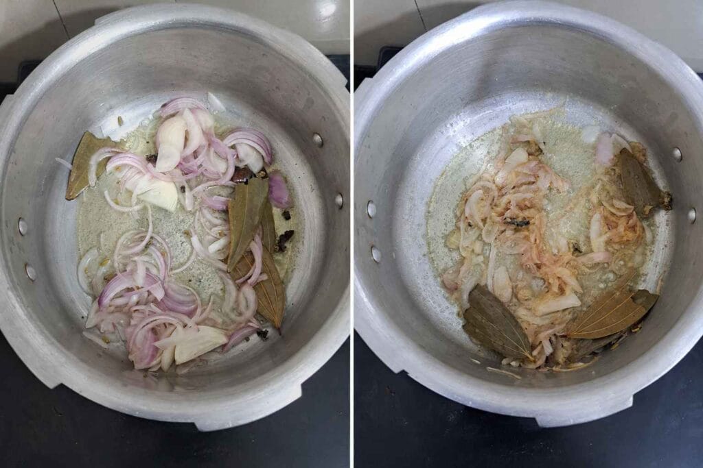 Onion sauteed with bay leaf, kalpasi, and fennel seeds in a cooker for South Indian veg kurma recipe