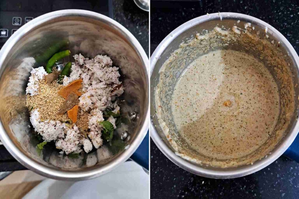 Coconut masala paste prepared for vegetable kurma using fennel seeds, mint leaves, green chilli, and whole spices